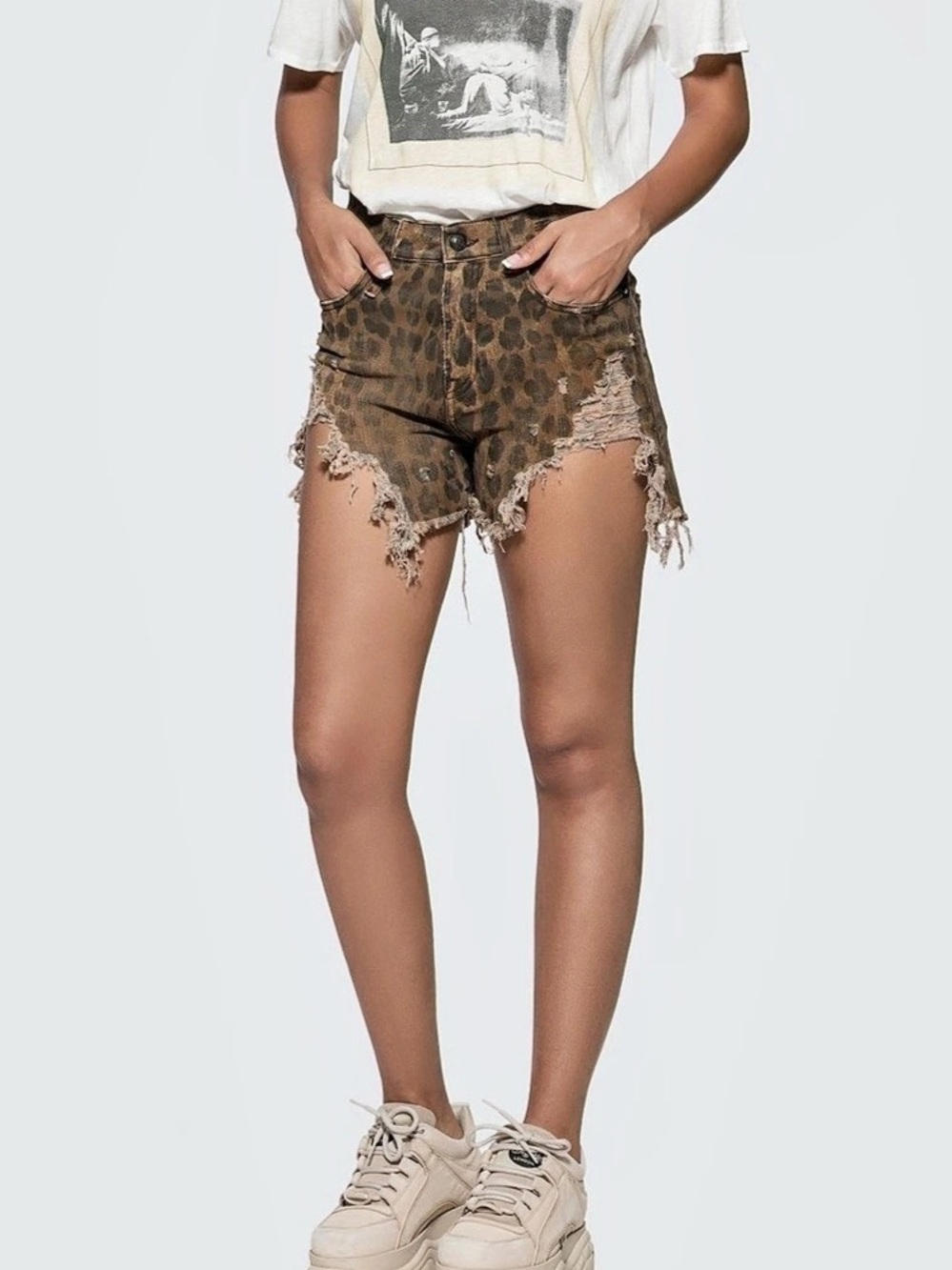 R13 Distressed Leopard Denim Shorts